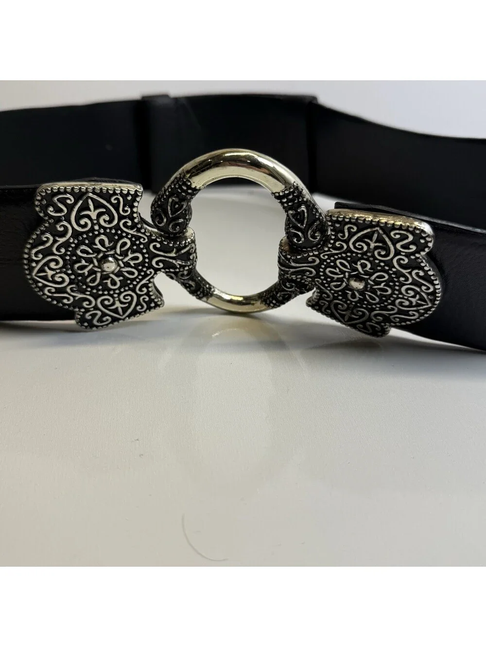 CHICOS Black Leather Mandala Silver Gold Hook Buckle Belt S/M Boho Western Wide